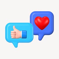 Social media reactions, 3D thumbs up, heart illustration psd