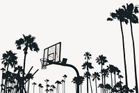 Silhouettes of a basketball court and numerous palm trees image element