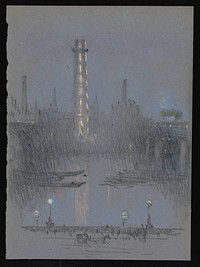 Shot Tower with night lights, from Embankment (between ca. 1880 and 1926) drawing in high resolution by Joseph Pennell.