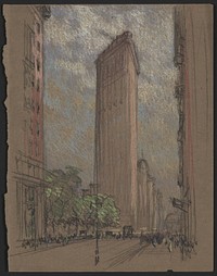 Flatiron Building from Fifth Avenue and Twenty-Seventh Street (between ca. 1904 and 1908) drawing in high resolution by Joseph Pennell.