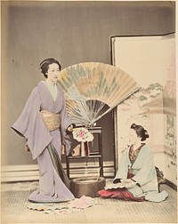 Two Japanese Women in Traditional Dress with Fan and Screen by Suzuki Shin'ichi