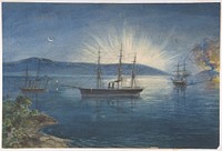 The Bay of Bull Arms, Trinity Bay, Newfoundland, Bonfires Lighted on the Hills to Notify of the Arrival of the Cable Fleet on August 5th, 1858 by Robert Charles Dudley