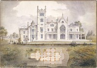 Lyndhurst for George Merritt, Tarrytown, New York (west rear elevation and plan) by Alexander Jackson Davis