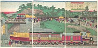 Illustration of a Steam Locomotive Running on the Takanawa Railroad in Tokyo (Tōkyō takanawa tetsudō jōkisha sōkō no zu) by Utagawa Kuniteru