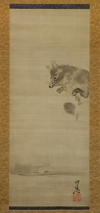 Tanuki (Racoon Dog) Viewing Its Reflection in Water by Kawanabe Kyōsai 