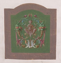 Design for a Chair Back Cover with a Squatting Half-Human Grotesque Figure Inside an Ornamental Frame Made of Two Cornucopias Holding Bundles of Leaves and Fruits and Scrolls of Leaves and Flowers, Anonymous, French, 19th century