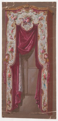 Design for a Valance in with Thin Bushes and Garlands of Flowers and a Shell Motif with a Hanging Curtain, Anonymous, French, 19th century