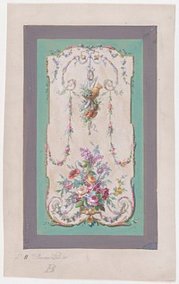 Design for a Panel with a Large Bundle of Flowers and Leaves and a Hanging Thin Bundle Containing Gardening Tools Inside an Ornamental Frame Decorated with Thin Garlands of Flowers and Leaves, Anonymous, French, 19th century