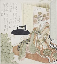 Courtesan sitting on a veranda next to a lantern by Totoya Hokkei