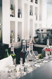 Liqueur syrup bottles on bar