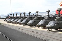 U.S. Army OH-58D Kiowa Warrior helicopters assigned to the 6th Cavalry Regiment are parked at Busan, South Korea, Oct. 10, 2013.