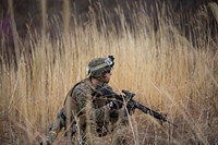 U.S. Marine Corps Lance Cpl. Kyle Hatchison, a machine gunner with Combined Anti-Armor Team 2, Weapons Company, 2nd Battalion, 3rd Marine Regiment, 3rd Marine Division, takes cover in brush at a live-fire training event during Ssang Yong 2014 in Pohang, South Korea, March 26, 2014.