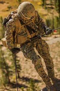 A U.S. Marine with Weapons Company, 2nd Battalion, 5th Marine Regiment (2/5 Marines), 1st Marine Division, rappels from Sardine Rock at the Mountain Warfare Training Center (MWTC), Bridgeport, Calif., Oct. 4, 2014.