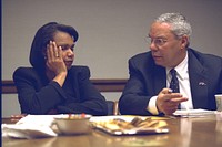 Secretary of State Colin Powell and National Security Advisor Condoleezza Rice in the President's Emergency Operations Center (PEOC). Original public domain image from Flickr