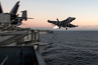 151130-N-MQ094-327 MEDITERRANEAN SEA (Nov. 30, 2015) An EA-18G Growler, assigned to the “Patriots” of Electronic Attack Squadron (VAQ) 140, launches from the flight deck of aircraft carrier USS Harry S. Truman (CVN 75).