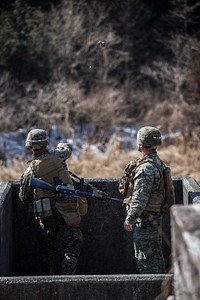 U.S. Marine Corps Lance Cpl. Edward Tuma, rifleman, 1st Battalion, 3rd Marine Regiment (1/3), throws a live grenade at the grenade range during Fuji Viper 16-3 on Camp Fuji, Fuji, Japan, Feb. 11, 2016.