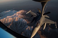 A U.S. Air Force KC-135 Stratotanker refuels a U.S. Air Force F-16 Fighting Falcon over Afghanistan in support of the Resolute Support mission, Dec. 29, 2015.