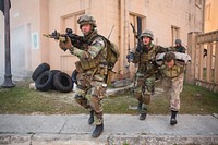 Royal Netherlands Marines move a role-playing captured insurgent during an urban training exercise involving U.S. Marines and Royal Marines at Camp Lejeune, N.C., March 24, 2016.