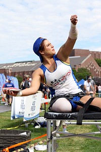 U.S. Air Force veteran Sebastiana Lopez-Arellano sets her aim in the Women's Seated Discus at the 2016 DoD Warrior Games at the U.S. Military .Academy at West Point, N.Y., June 16, 2016.