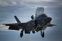 PACIFIC OCEAN -- An F-35B Lightning II Prepares to land on the flight deck of the amphibious assault ship USS America (LHA 6) during The Lightning Carrier Proof of Concept Demonstration, November 18, 2016.