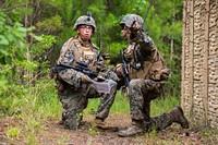 After studying a map, a Marine points in the direction of the objective during a Marine Combat Readiness Exercise at Camp Lejeune, N.C., June 21, 2017.
