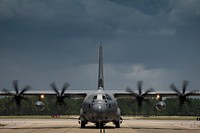 A U.S. Air Force HC-130J Combat King II assigned to the 71st Rescue Squadron taxis towards the parking ramp during Stealth Guardian, Aug. 9, 2017, at Tyndall Air Force Base, Fla. During Stealth Guardian, the 71st RQS worked alongside Airmen from the 325th Fighter Wing to provide airborne mission control and aerial refueling capabilities as well as forward area refueling and rearming points for the F-22 Raptor.
