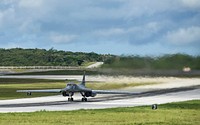 A U.S. Air Force B-1B Lancer assigned to the 37th Expeditionary Bomb Squadron, deployed from Ellsworth Air Force Base, South Dakota, takes off from Andersen Air Force Base, Guam, for a 10-hour mission, flying in the vicinity of Kyushu, Japan, the East China Sea, and the Korean peninsula, Aug. 8, 2017.