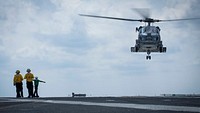 A U.S. Navy MH-60R Sea Hawk helicopter assigned to Helicopter Maritime Strike Squadron (HSM) 74 takes off from the flight deck of the aircraft carrier USS Gerald R. Ford (CVN 78) in the Atlantic Ocean August 6, 2017.