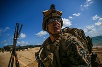 U.S. marine Corps Sgt. Joshua C. Peeler participates in an amphibious assault during Blue Chromite 18 aboard Kin Blue Beach, Okinawa, Japan, Nov 2, 2017.