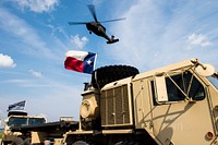 A U.S. Navy MH-60S Sea Hawk helicopter departs the Hurricane Harvey relief staging area in Beaumont, Texas, Sept. 3, 2017.