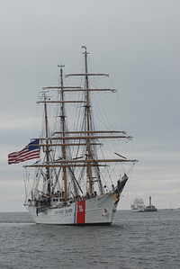 From left, USCGC Eagle (WIX 327) and the Canadian sail training ship Picton Castle make their way toward Boston Harbor in Massachusetts July 8, 2009, to participate in the Sail Boston 2009 tall ships event.