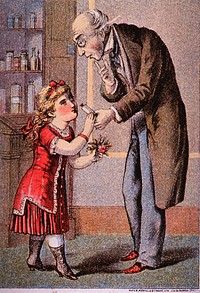 Dr. Isaac Thompson's celebrated Eye Water: for all complaints of the eyes. Abstract: Advertisement for Dr. Isaac Thompson's Eye Water, featuring an old man [presumably a pharmacist] handing a little girl a bottle of eye water. Original public domain image from Flickr