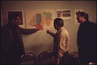 Thurston Strunk, Center, President of the Virginia-Pocahontas Coal Company with Headquarters near Richlands, Virginia, Looks at a Map of Operations with Two Men (Geologist and Mining Engineer) From Germany Who Want to Open Another Mine and Are Prepared to Offer Long Term Financing 04/1974.