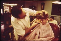 Rockport's Barbershop 02/1973. Photographer: Parks, Deborah. Original public domain image from Flickr