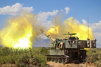 U.S. Soldiers with Bravo Battery, 2nd Battalion, 114th Field Artillery Regiment hone gunnery skills as they conduct table XVIII near Dona Ana, New Mexico, April 28, 2018.