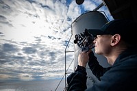 U.S. Navy Quartermaster 2nd Class Andrew Burgess takes a sextant reading on the Wasp-class amphibious assault ship USS Kearsarge (LHD-3) Jan. 6, 2019, in the Mediterranean Sea. Kearsarge is on a scheduled deployment as part of the Kearsarge Amphibious Ready Group in support of maritime security operations, crisis response and theater security cooperation, while also providing a forward naval presence.