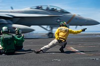 U.S. Navy Lt. Eric Jensen, from Austin, Texas, signals an EA-18G Growler assigned to Electronic Attack Squadron (VAQ) 133 to launch from the flight deck of the aircraft carrier USS John C. Stennis (CVN 74) in the Indian Ocean, March 7, 2019.