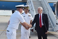 190201-N-KM072-008 KEY WEST, Fla. (Feb. 1, 2019) Vice President Pence and his wife, Karen, landed in Air Force Two at Boca Chica Field for a weekend of rest and relaxation in Key West, Fla. They were welcomed by Commanding Officer Capt. Bobby Baker, Executive Officer Cmdr. Gregory Brotherton and Command Master Chief Craig Forehand.