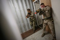 NAVAL SUPPORT ACTIVITY BAHRAIN (Feb. 2, 2019) U.S. Marine Cpl. Kaden Chambers, rifleman with Fleet Anti-terrorism Security Team Central Command (FASTCENT), stands by to conduct close quarters battle training with British Royal Marine Protection Team, 42 Commando, aboard the Royal Fleet Auxiliary ship Cardigan Bay (L3009) to enhance cooperation, mutual capabilities and interoperability.