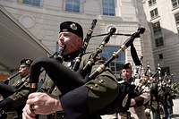 A massed band of U.S. Customs and Border Protection pipes and drums perform during the annual Valor Memorial & Wreath Laying Ceremony held in Woodrow Wilson Plaza outside the Ronald Reagan Building in Washington, D.C., May 16, 2019.