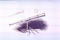 TelescopeFormat: Still image. Vignette of a telescope, a ruler, and a compass. A shooting star and the moon in the background. Original public domain image from Flickr