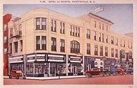 Exterior view- Hotel La Fayette and Saunders Drugs. Original public domain image from Flickr