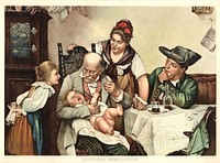 Bitter medicine. A crying baby sits on the lap of an elderly man. The man holds a spoon in his left hand. Vials of medicine sit on a table next to the man. Two woman and a young girl surround the man. Original public domain image from Flickr