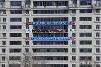Banners hang from a building welcoming the incoming President Joseph R. Biden and Vice President Kamala Harris as U.S. Customs and Border Protection supports the security of the 59th Presidential Inauguration in Washington D.C, January 20, 2021.