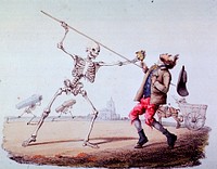 Death saw a dustman ringing his bell. Death stabs junkman, while two of Death's companions make off with coffins in the background. Original public domain image from Flickr