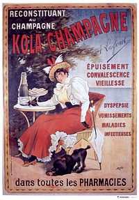Kola Champagne: dans toutes les pharmacies. Next to a tree on a beach, a proper woman is sitting at a table with a champaign glass, a bottle of A. Lafont's Kola Champagne, and a plate of biscuits. At the woman's feet is a poodle licking a Kola Champagne biscuit. This strength-building drink is recommended for exhaustion, age, dyspepsia, vomiting, disease. Original public domain image from Flickr