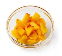 1/4 cup diced peaches in clear bowl (1/4 cup fruits).