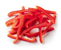 Red bell peppers thinly sliced on white background.