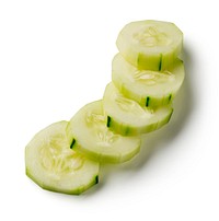 5 peeled cucumber rounds (1/4 cup vegetables total) on white background.