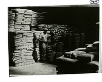 Sacks and drums of pesticides are neatly stored in a warehouse.  A man stands among pallets of sacks and drums of pesticides stored in a warehouse. Original public domain image from Flickr